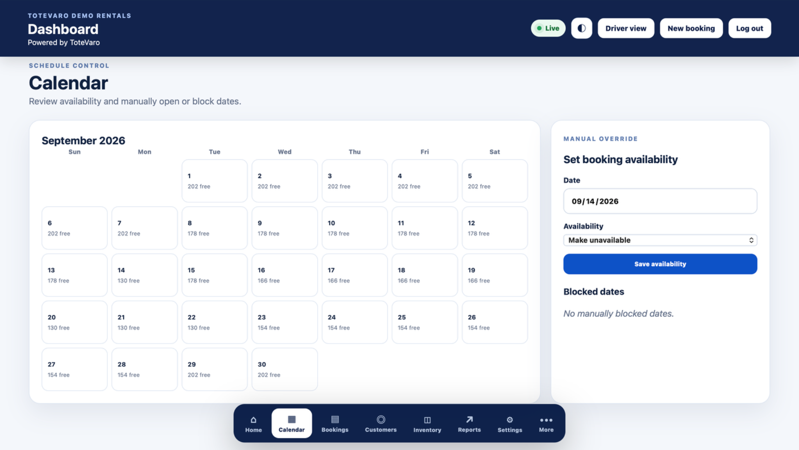 ToteVaro rental availability calendar